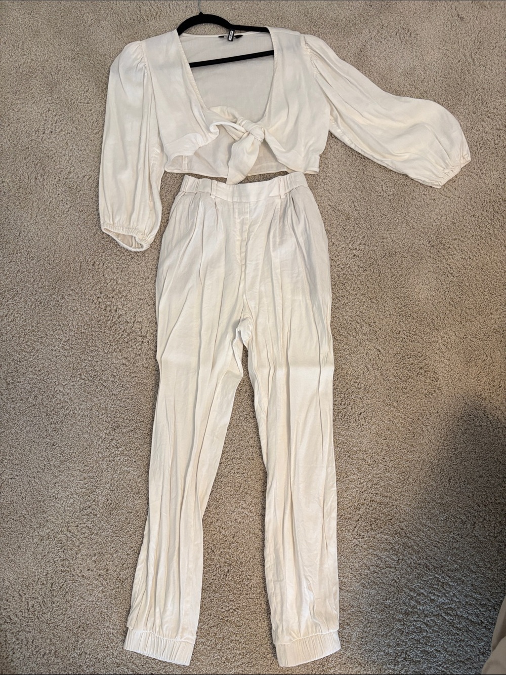 Express Cream Tie-Front Crop Top and High-Waist Pants Set
